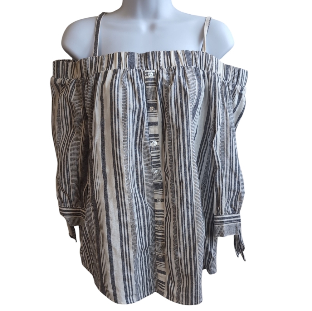By And By Grey White Striped Cotton Off-shoulder Blouse Size Large